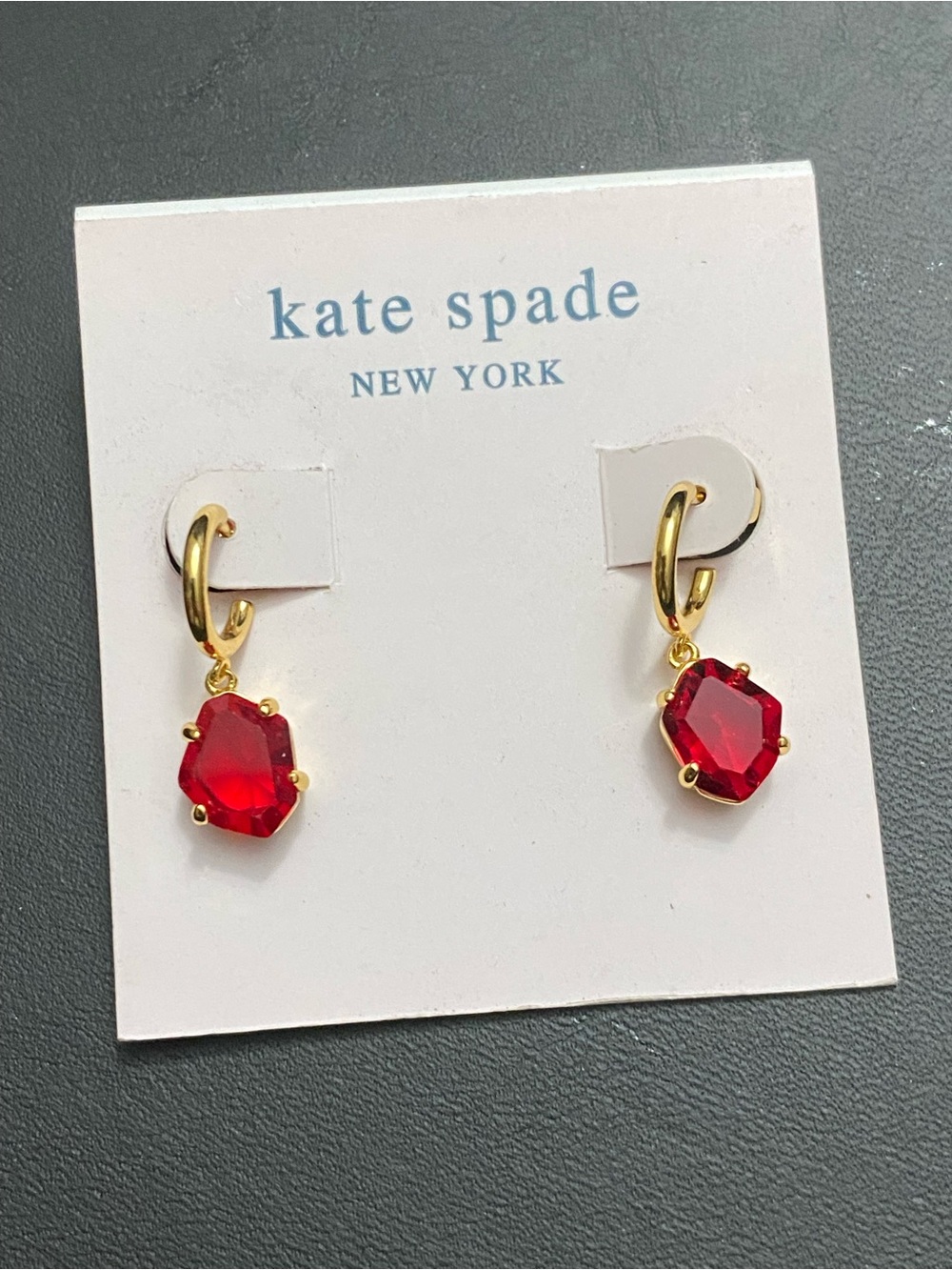 kate spade Treasure Trove Gold Huggie Earrings with Red Gem Drops
